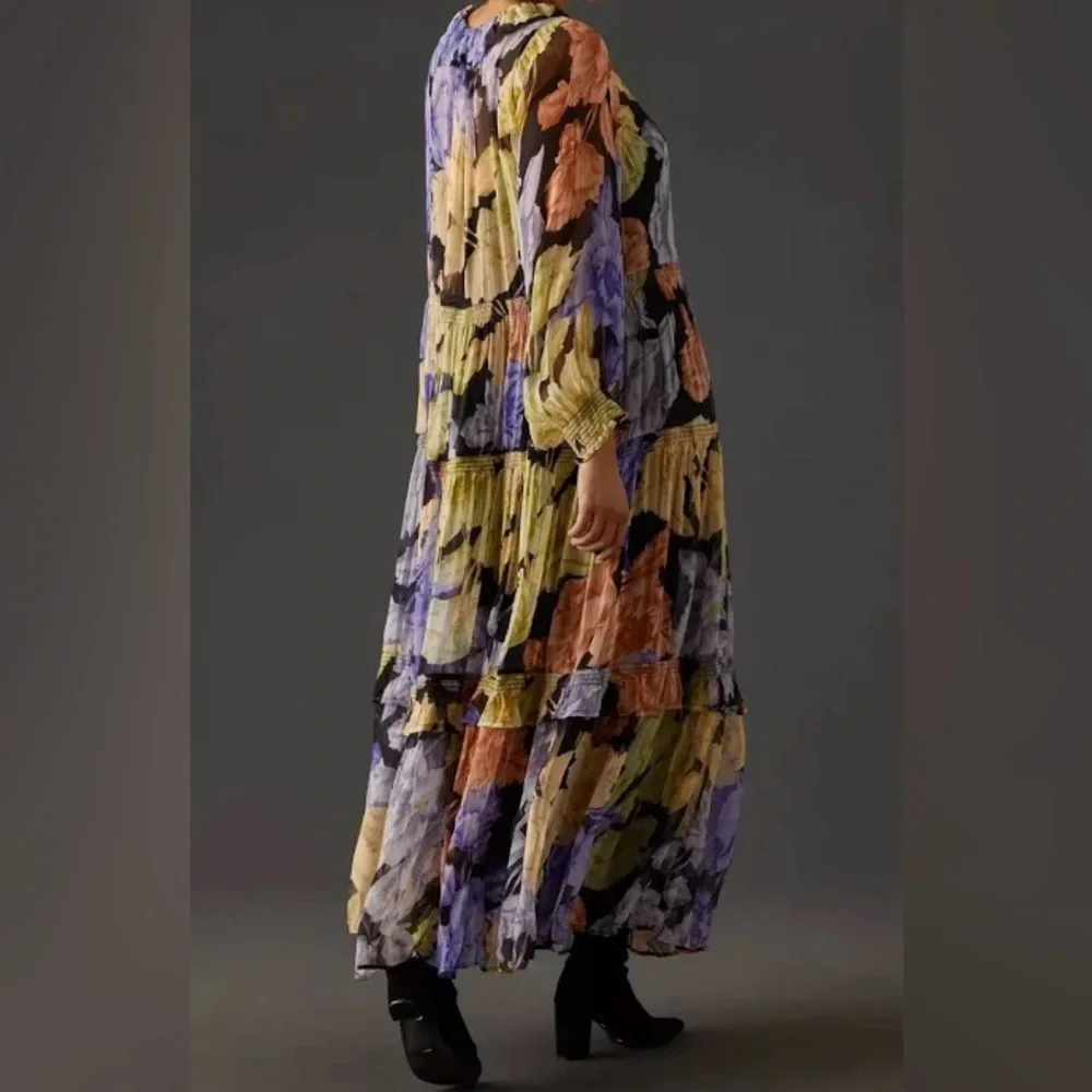 Anthropologie Floral Long-Sleeve Maxi Dress in Black, Yellow & Lavender - Picture 4 of 11